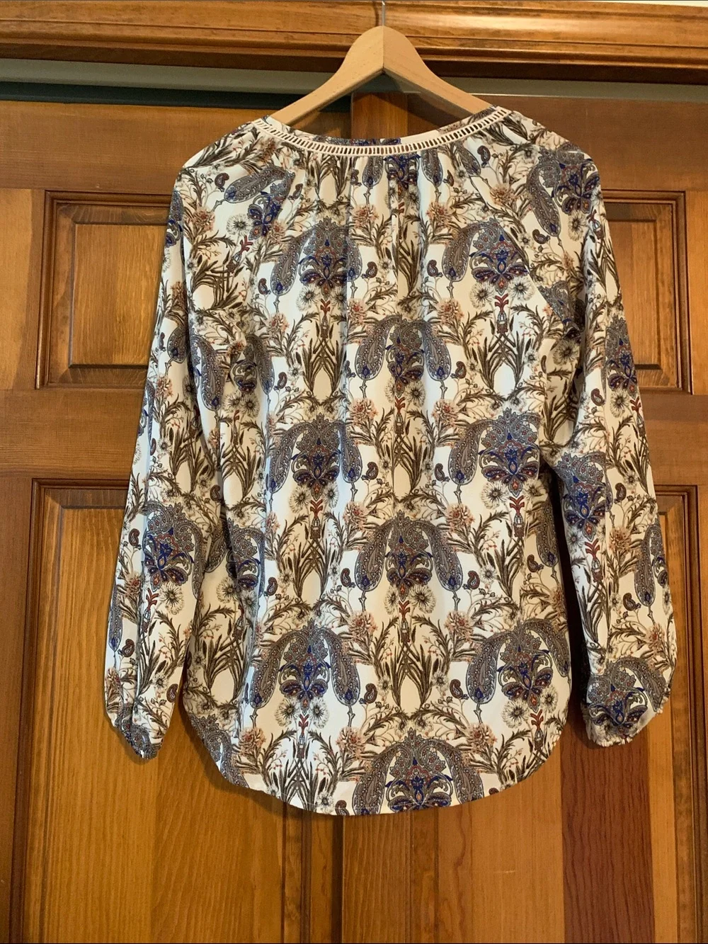 Meadow Rue Boho Paisley Print Peasant Blouse - Cream with Blue & Brown